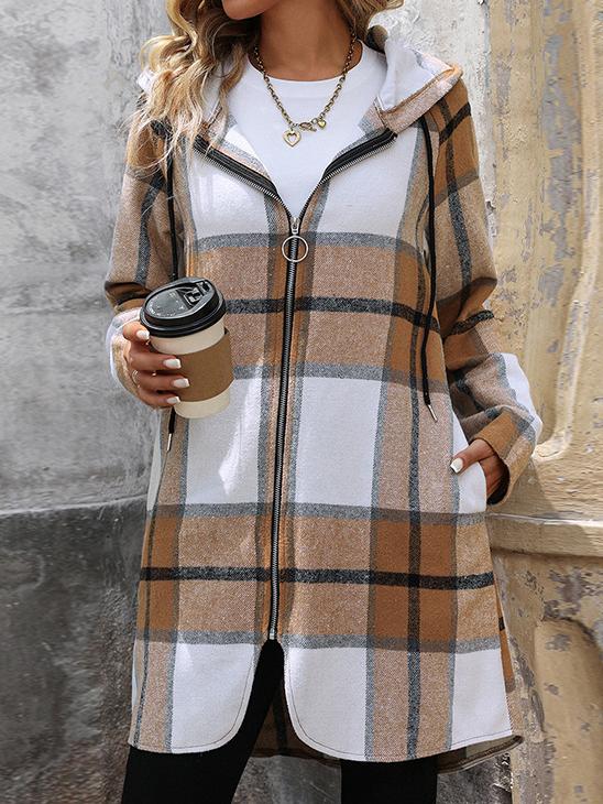 Retro Classic Plaid Pattern Mid-length Hooded Coat