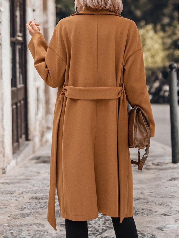 Elegant Belted Waist Mid-length Woolen Coat