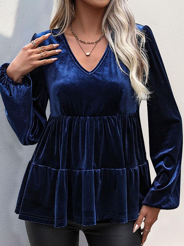 Elegant V-neck Ruffle Hem Long Sleeves Velvet Blouse