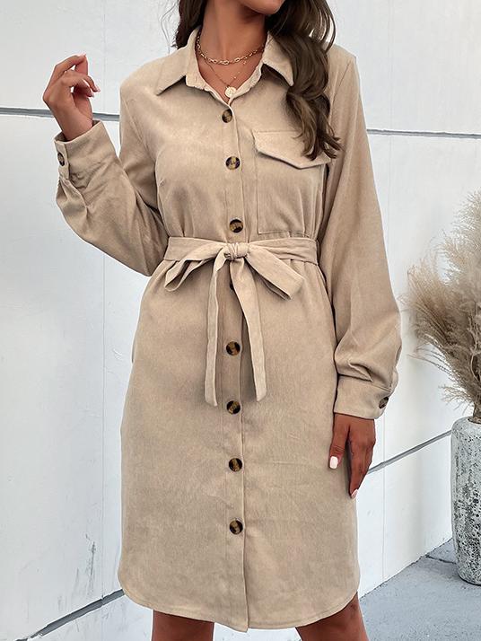 Elegant Waist Tie Corduroy Long Sleeve Shirt Dress