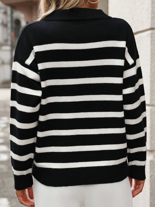 Stylish Classic Striped Loose Knitted Lapel Sweater