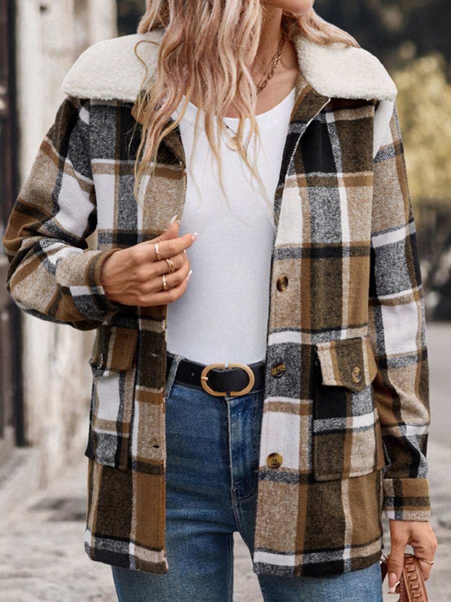 Women's Sherpa Lapel Plaid Jacket