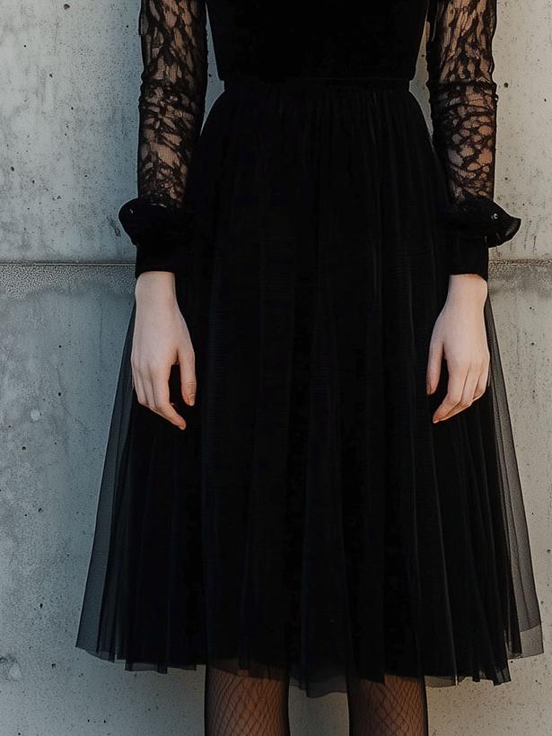 Elegant Mock Neck Lace Patchwork Black Midi Dress