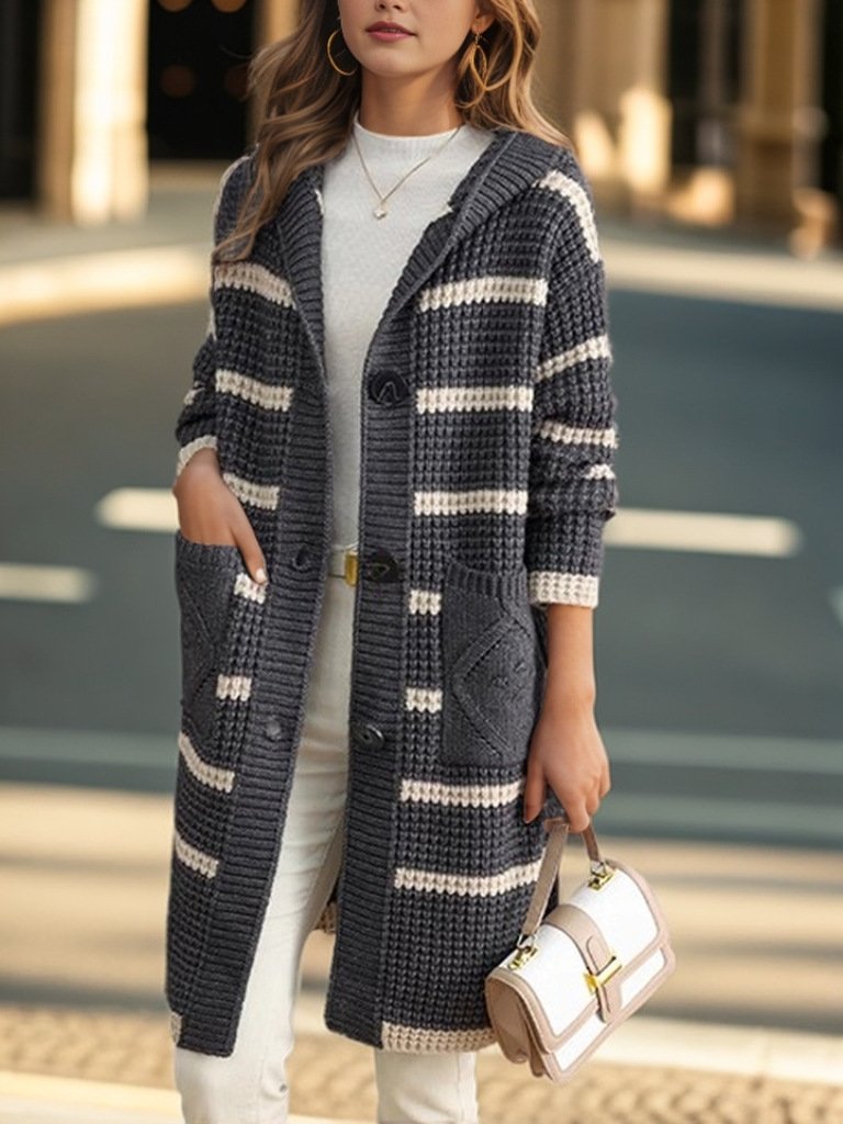 Classic Stripe Pattern Pockets Knitted Cardigan Hooded Coat