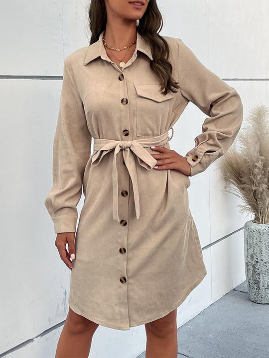 Elegant Waist Tie Corduroy Long Sleeve Shirt Dress