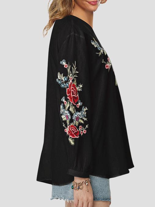 Retro V-neck Flower Embroidery Loose Blouse