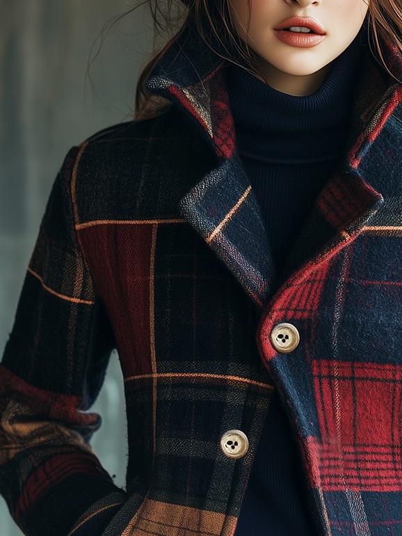 Chic Stand Collar Plaid Pattern Woolen Jacket