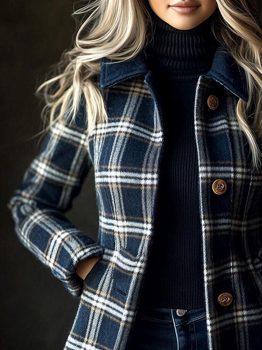 Chic Lapel Plaid Pattern Daily Woolen Trench Coat