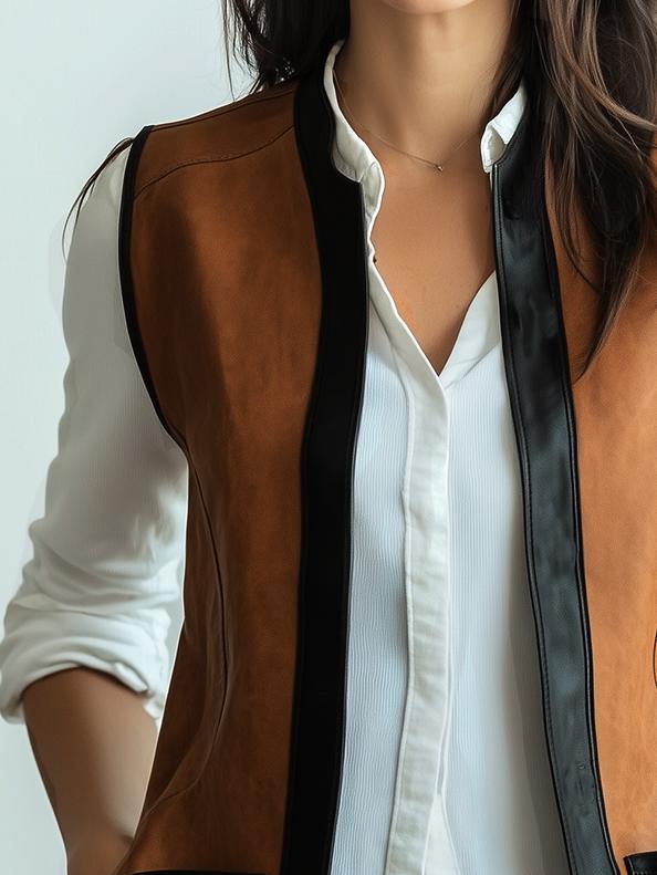 Stylish Color Patchwork Side Pockets Leather Waistcoat