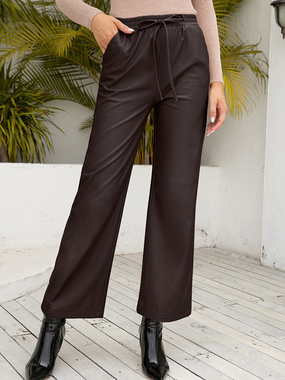 Chic Drawstring High-waisted Loose Straight-leg Leather Pants