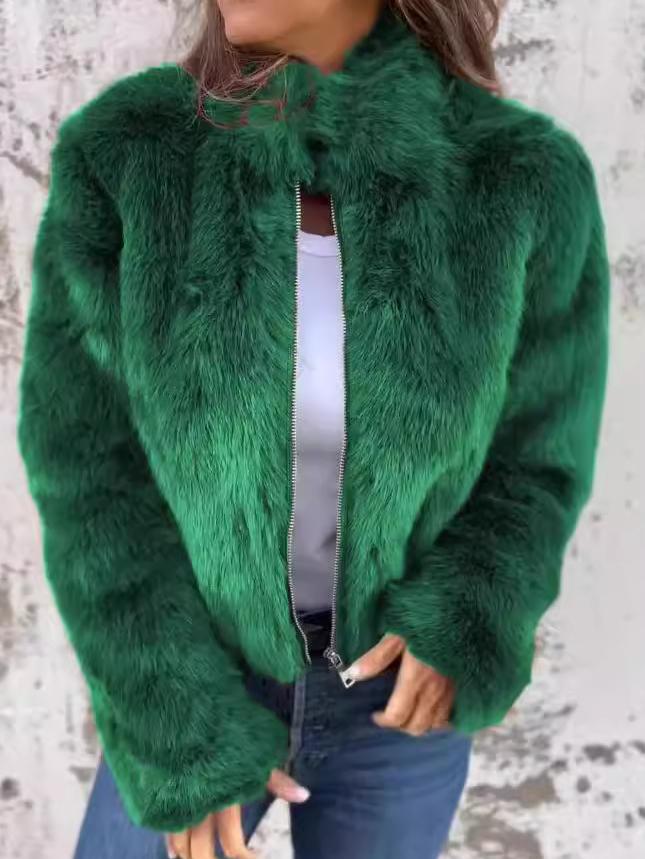 Chic Eco-friendly Faux Fur Stand Collar Zip-up Jacket