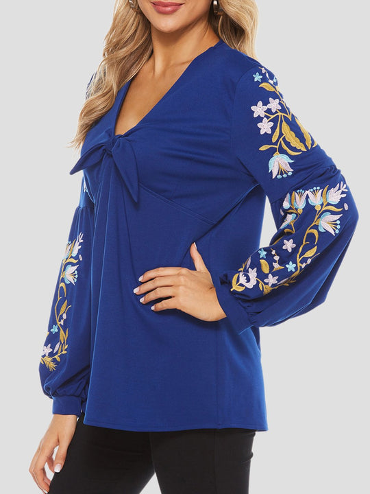 Elegant Floral Embroidered V-neck Lantern Sleeves Blouse