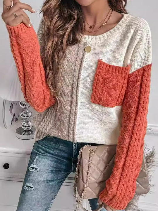 Stylish Color-Block Cable Knit Textured Pocket Sweater