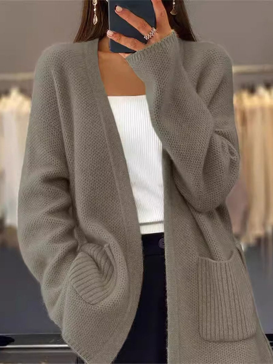 Solid Color Pocket Tie Knit Cardigan