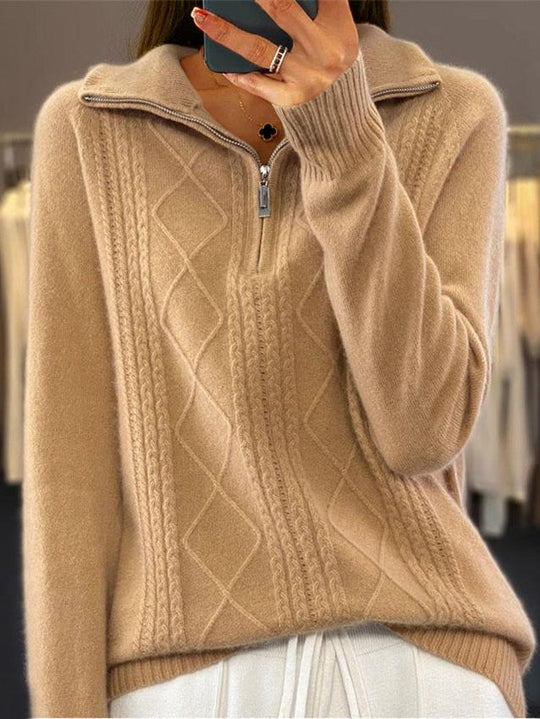 Stylish Zip-up Half-placket Jacquard Knit Sweater