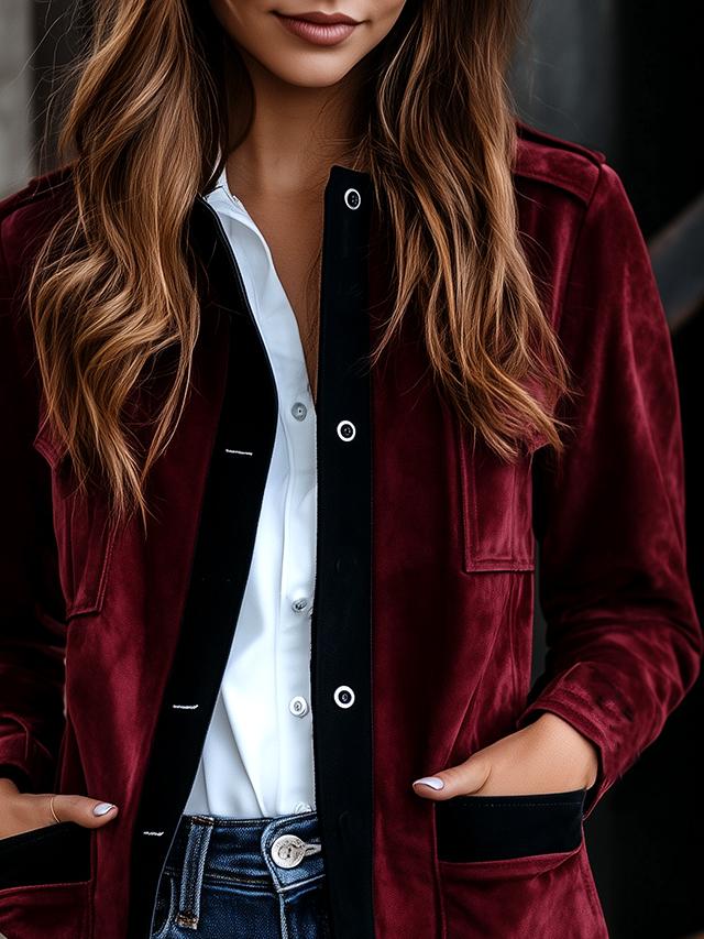 Chic Constract Trim Pockets Suede Shirt Coat