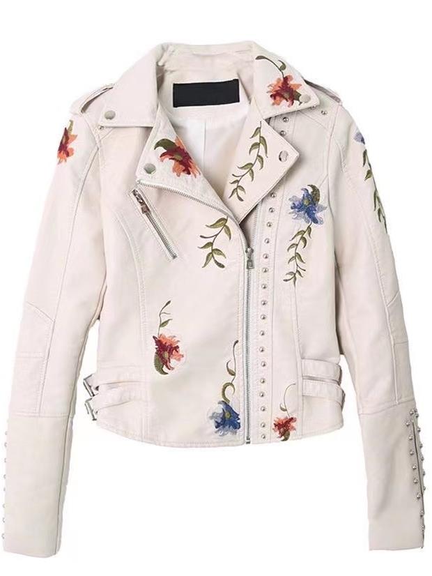 Stylish Elegant Embroidered Rivet Leather Jacket