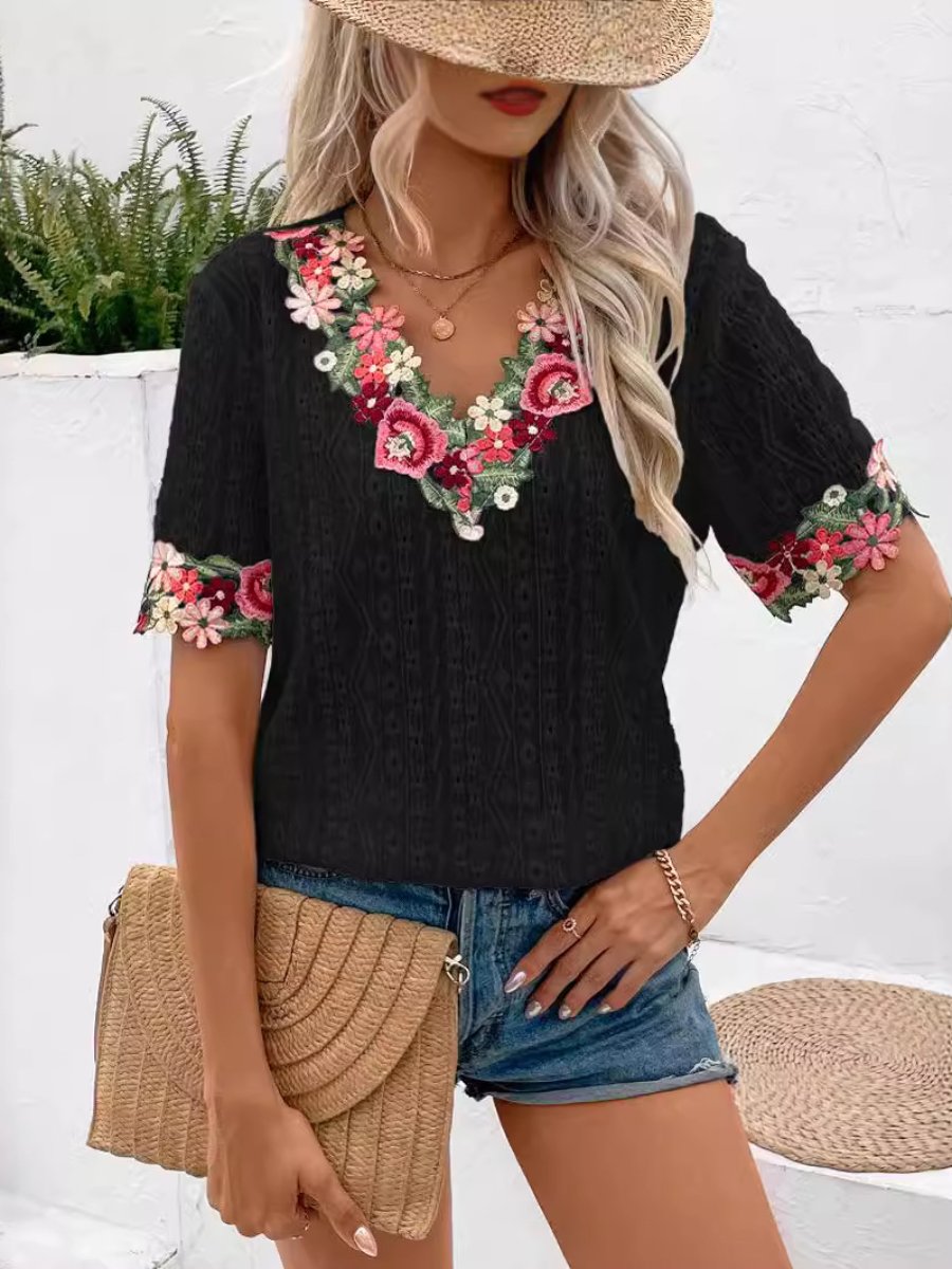 V-neck Embroidered Floral Lace Trim Top