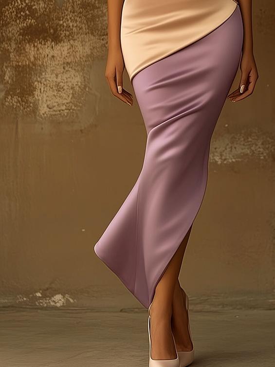 Elegant Off-shoulder Color-blocking Slit Satin Midi Dress