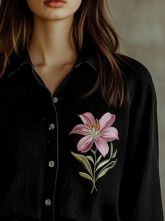 Boho Lily Embroidery Cotton and Linen Shirt