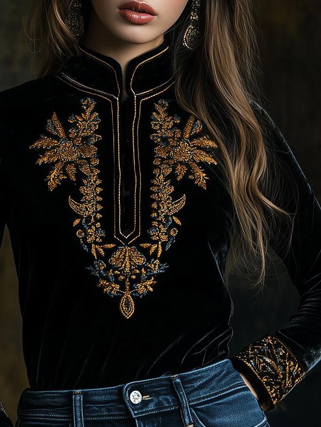 Stylish Embroidery Stand Collar Long Sleeves Velvet Top