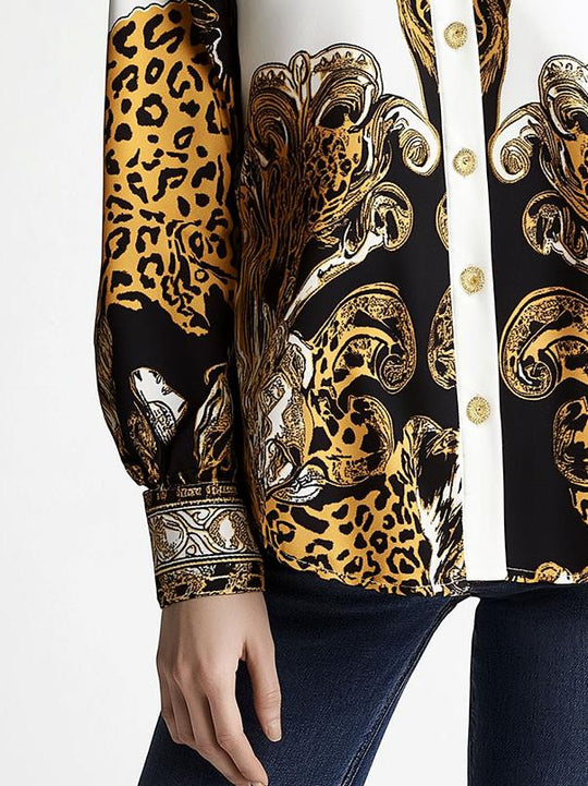 Retro Lapel Leopard Pattern Buttons Long Sleeve Shirt