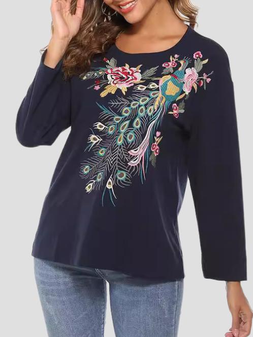 Elegant Peacock and Floral Embroidered T-shirt