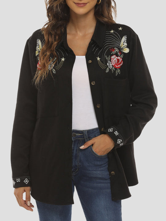 Stylish Exquisite Embroidered Floral Button Down Shirt Jacket