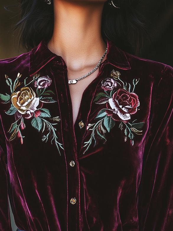 Simple Lapel Roses Embroidery Lon Sleeve Velvet Shirt