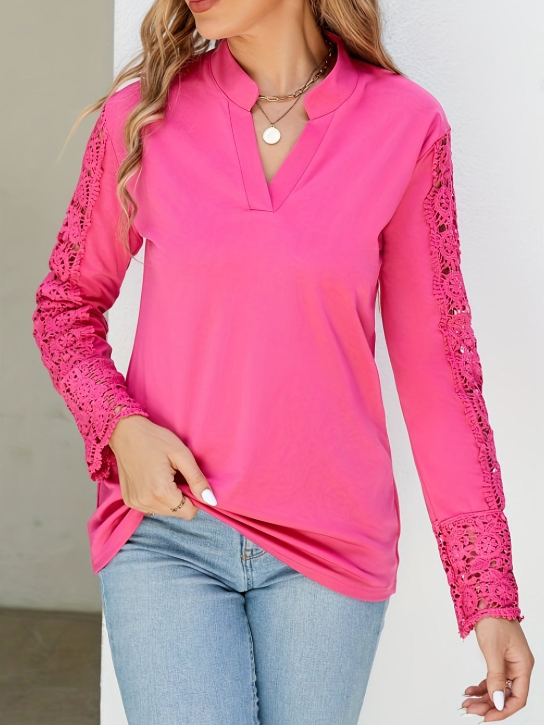 Elegant V-neck Hollow-out Lace Patchwork Long Sleeve Blouse