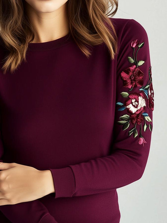 Casual Round Neck Floral Embroidery Sweatshirt