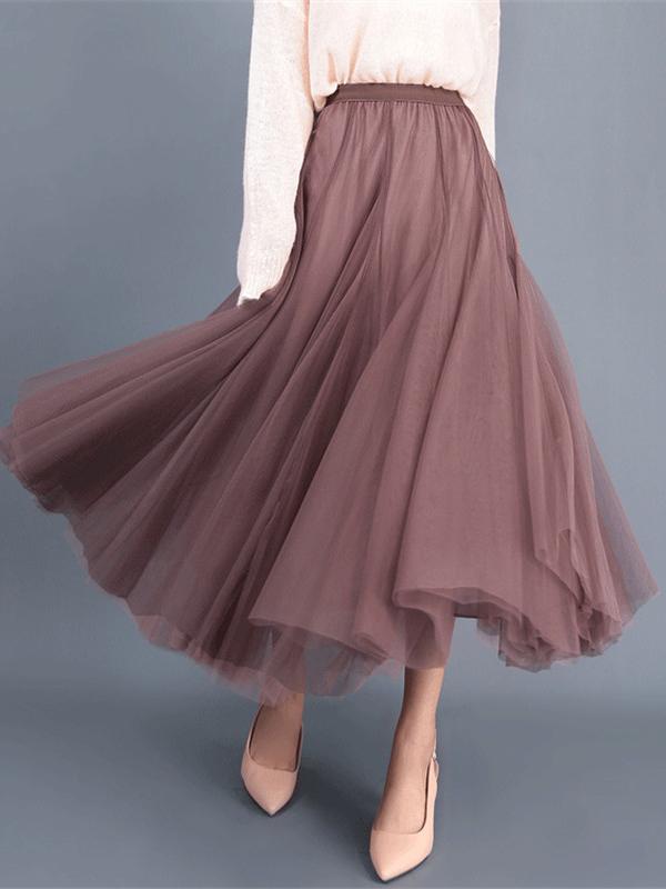 Elegant Elastic Waist Solid Color Chiffon Pleated A-Line Midi Skirt