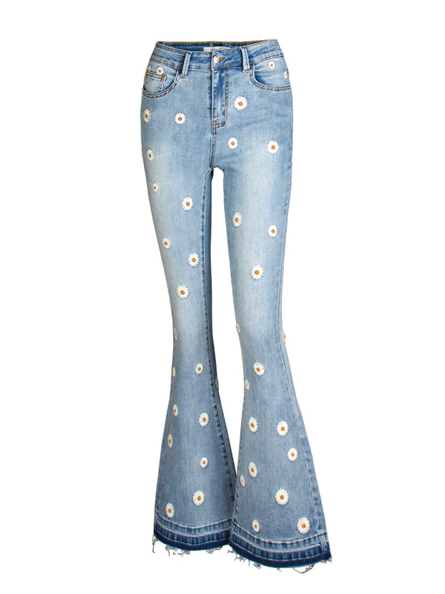 Chic Daisy Embroidered Slim-fit Flared Jeans