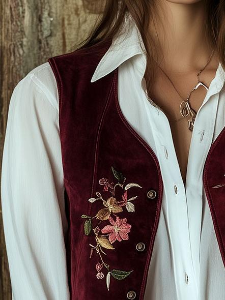 Chic Symmetrical Flower Embroidery Suede Waistcoat