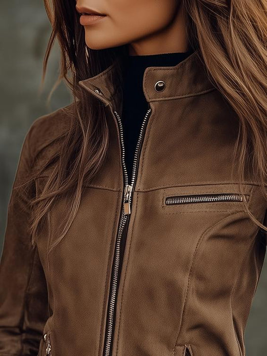 Chic Stand Collar Tailored Fit Zipper-up Suede Jacket