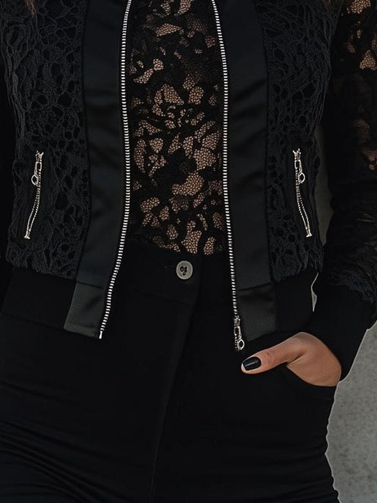 Chic Round Neck Hollow-out Lace Patchwork Pockets Jacket