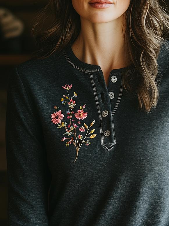 Vintage Henley Collar Flower Embroidery Long Sleeves T-shirt