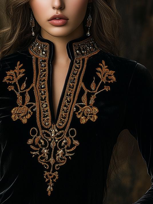 Chic V-neck Embroidery Long Sleeves Velvet Top