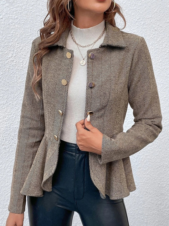 Elegant Ruffle Trim Slim-fit Double-breasted Chevron Woolen Blazer