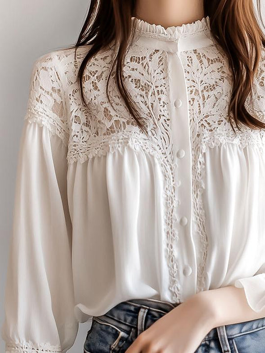 Retro Stand Collar Lace Patchwork Ruffled Cuffs Shirt