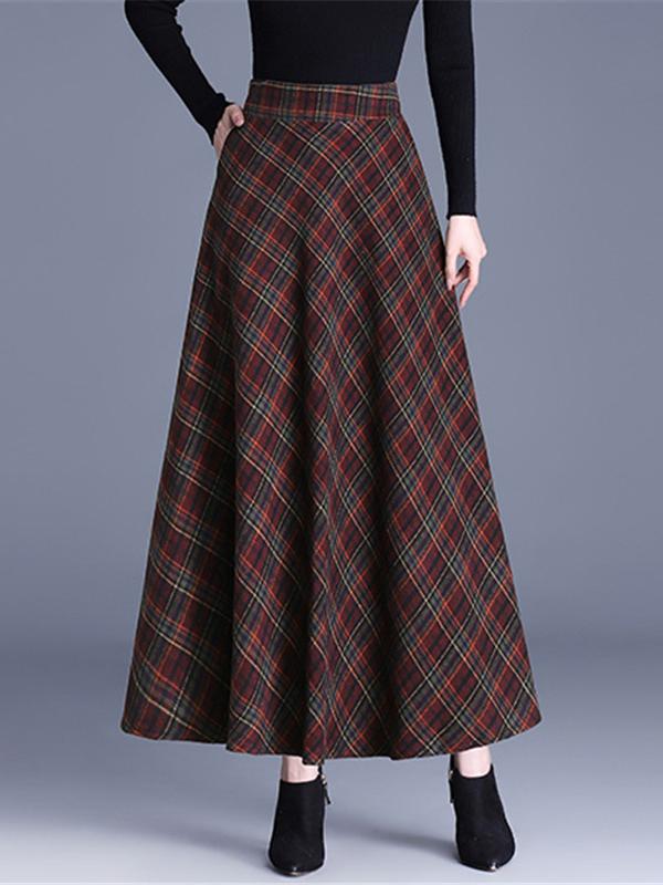 Elegant Elastic Waist Color-block Grid Wool Blend Long Skirt