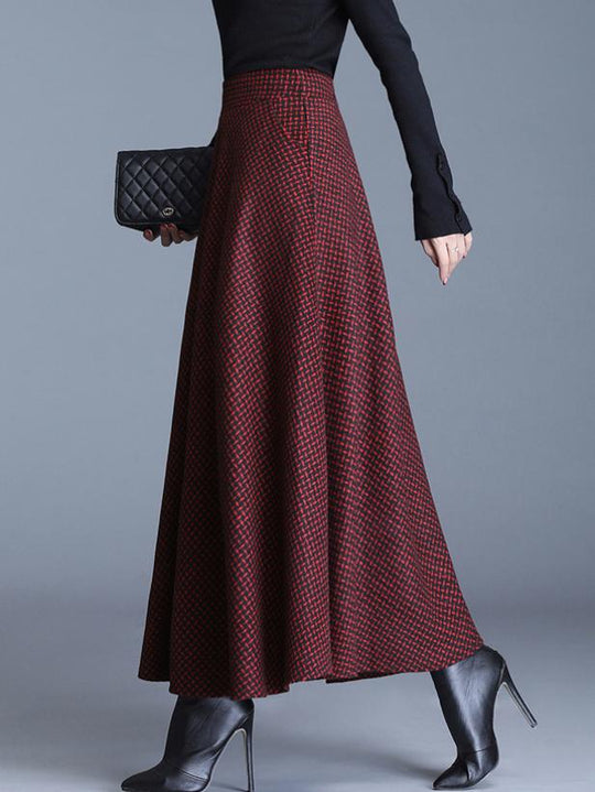 Elegant Elastic Waist Plaid Print Wool Blend Long Skirt