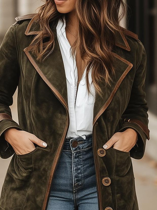 Retro Leather Trim Pockets Buttons Suede Trench Coat