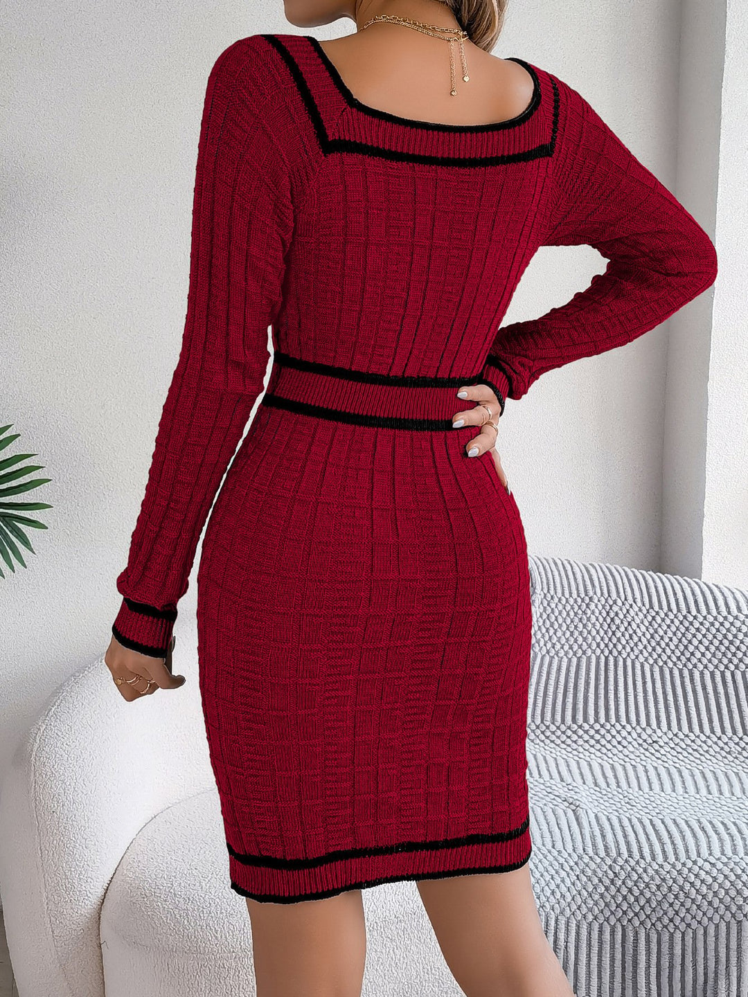 Elegant Color-block Stripe Square Neck Knit Bodycon Dress