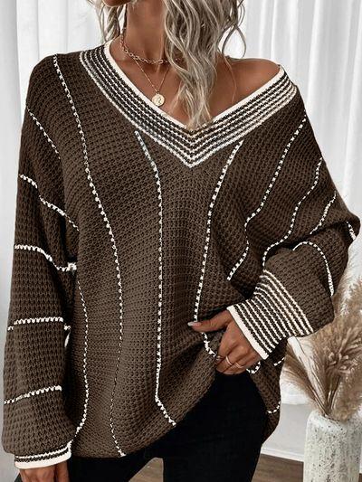 Stylish V-neck Mid-length Knit Striped Loose Sweater