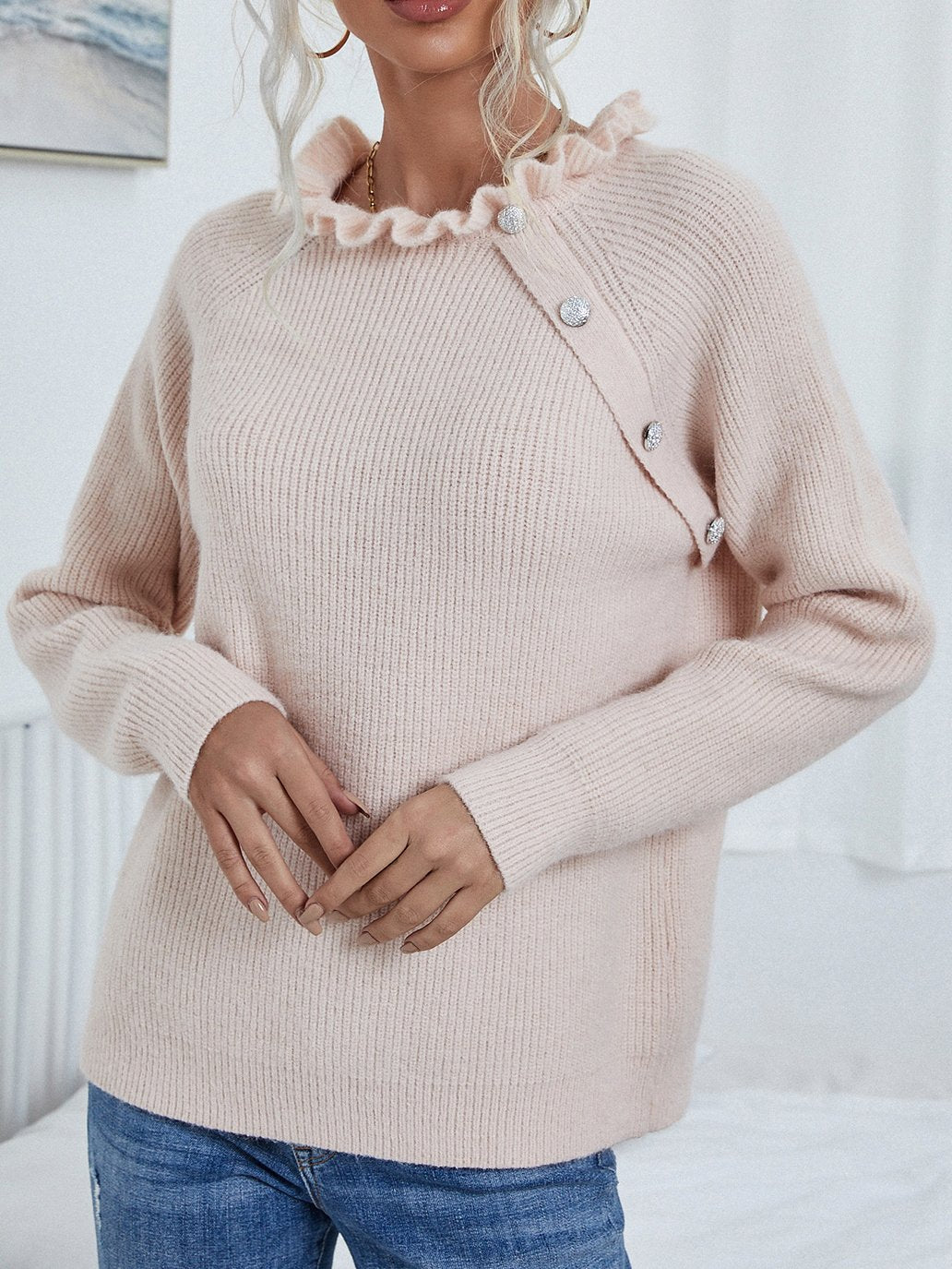 Elegant Ruffled Neck Knit Ribbed Texture Pullover Sweater