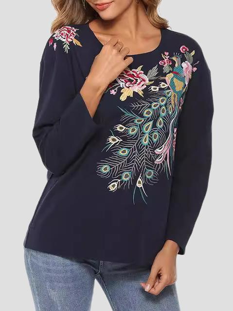 Elegant Peacock and Floral Embroidered T-shirt