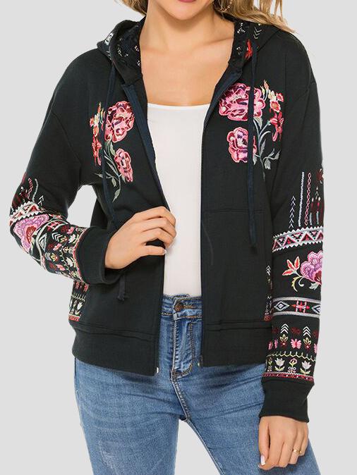 Stylish Floral Embroidered Hooded Sweatshirt Jacket