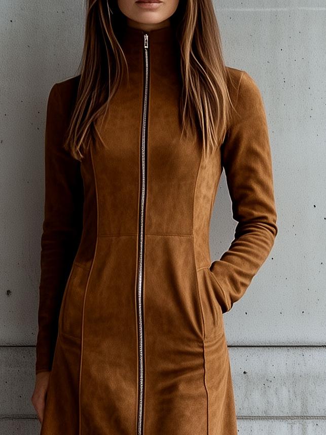 Elegant Stand Collar Zipper-up Long Sleeve Suede Dress