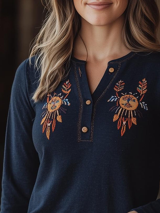 Boho Dreamcatcher Embroidery Long Sleeves Cotton T-shirt